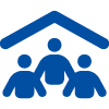 Icon of three people under a roof, symbolizing community or shelter.