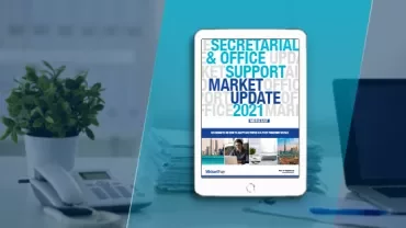 Tablet displaying 'Secretarial & Office Support Market Update 2021' on a desk.