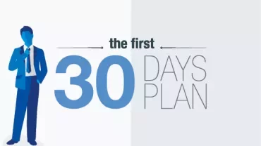 Illustration of a man in a suit with the text 'The First 30 Days Plan'.