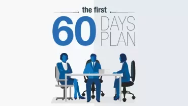 Illustration of three people discussing 'The First 60 Days Plan' at a table.