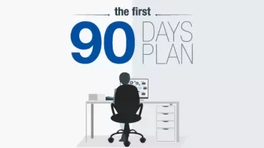 Illustration of a person at a desk with text 'the first 90 days plan' above them.