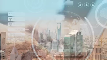 Futuristic cityscape with digital overlay of data icons and globe.