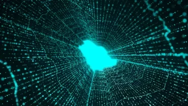 Abstract digital tunnel with glowing blue and green particles
