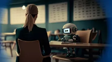 A lady sitting in front of an AI robot on a table and chair