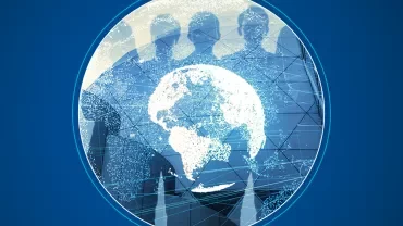 Silhouettes of people behind a digital globe with network connections.