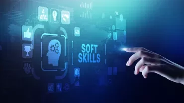 Hand reaching towards digital icons and 'Soft Skills' text on a virtual interface.
