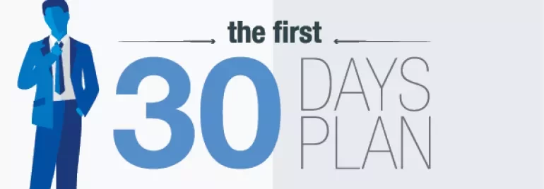 Illustration of a man in a suit with the text 'The First 30 Days Plan'.