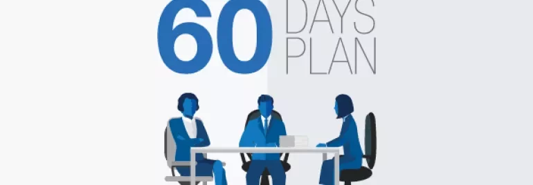 Illustration of three people discussing 'The First 60 Days Plan' at a table.