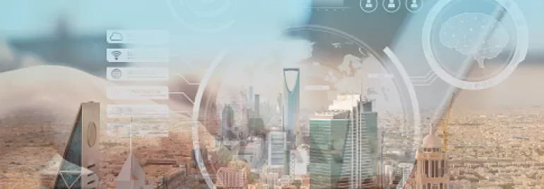 Futuristic cityscape with digital overlay of data icons and globe.