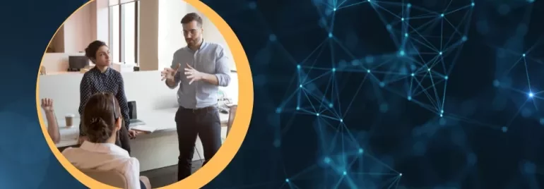 A man gestures while speaking to colleagues in an office meeting, with a network background design.