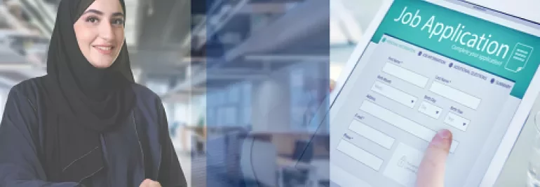 Smiling woman in hijab next to a tablet with a job application form.