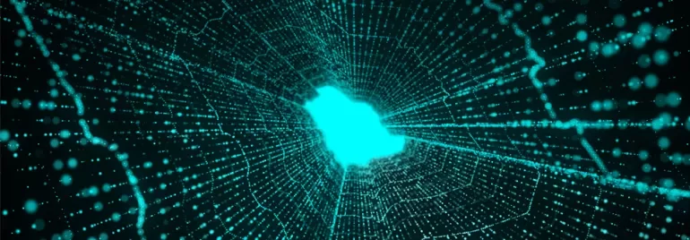 Abstract digital tunnel with glowing blue and green particles