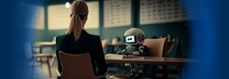 A lady sitting in front of an AI robot on a table and chair
