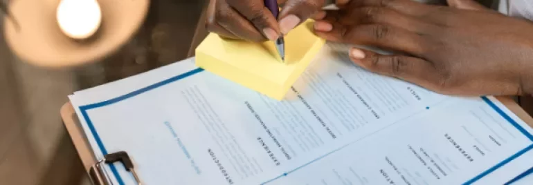 Person writing on sticky notes near a resume on a clipboard.