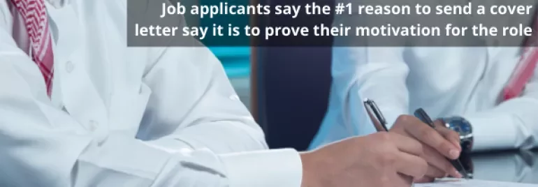 Men in dress shirts writing on documents with text about cover letters proving motivation.