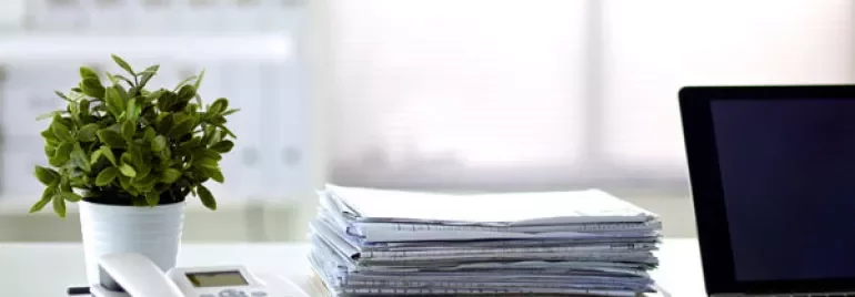 Office desk with a laptop, stack of papers, phone, and a potted plant.