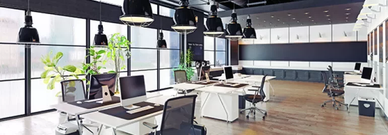 Modern office with open workspace, greenery, and large windows.