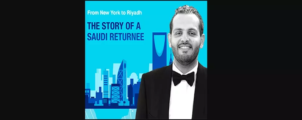 Poster titled 'The Story of a Saudi Returnee' with a man in a tuxedo and city skyline.