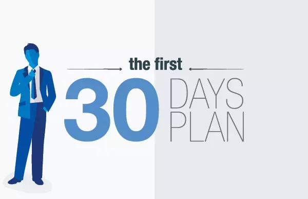 Illustration of a man in a suit with the text 'The First 30 Days Plan'.