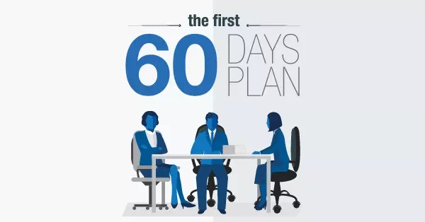 Illustration of three people discussing 'The First 60 Days Plan' at a table.