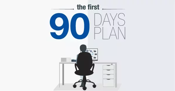 Illustration of a person at a desk with text 'the first 90 days plan' above them.