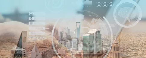 Futuristic cityscape with digital overlay of data icons and globe.