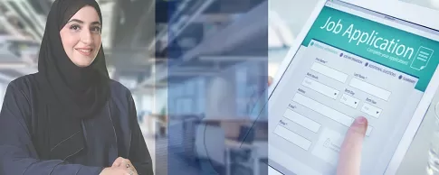 Smiling woman in hijab next to a tablet with a job application form.