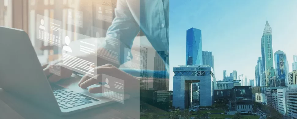 Person typing on laptop with digital profiles overlayed next to a city skyline.