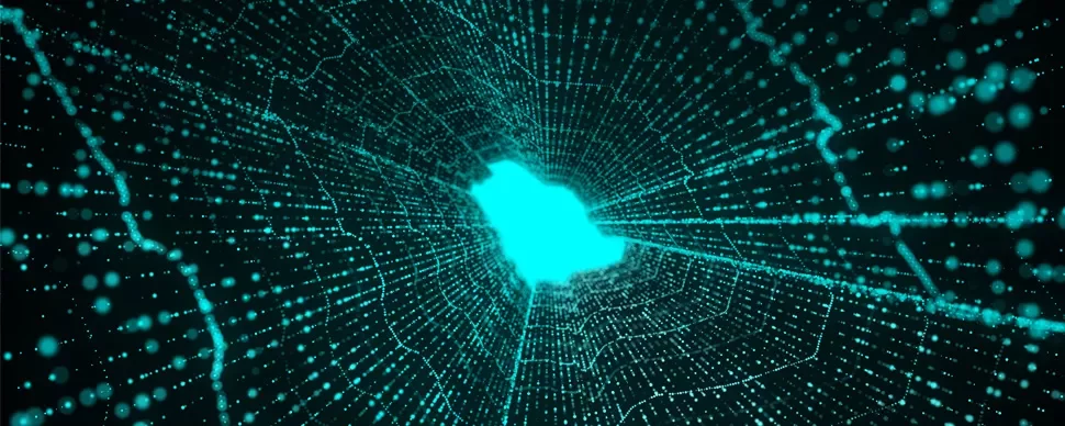 Abstract digital tunnel with glowing blue and green particles