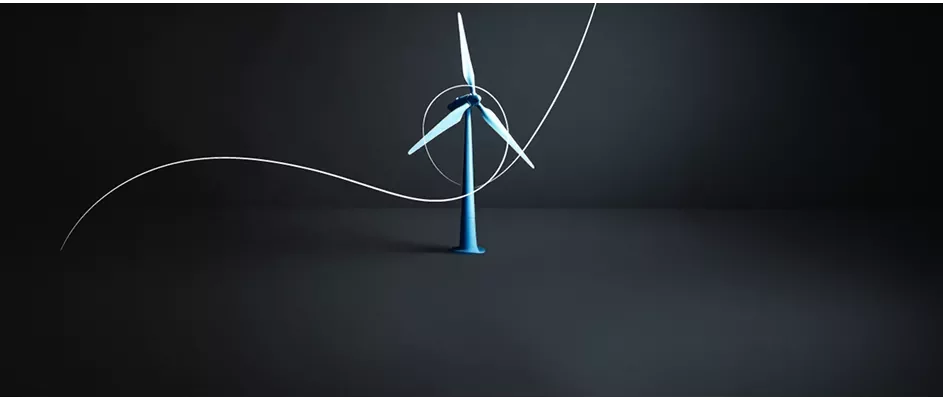 A wind turbine with a dark gray background.