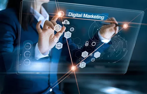 Person interacting with digital marketing hologram screen.
