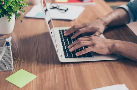 Person typing on a laptop at a wooden desk with papers and a plant.