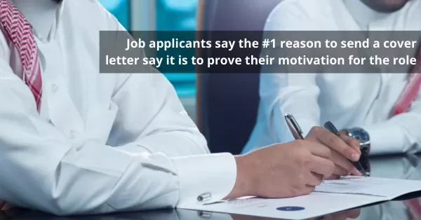 Men in dress shirts writing on documents with text about cover letters proving motivation.